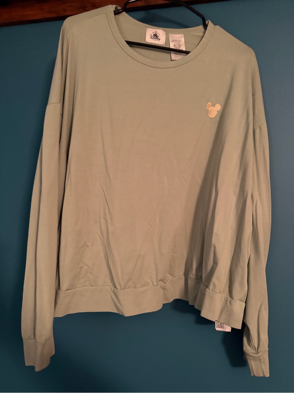 Disney Light Mint Green Long Sleeve Crewneck Top with Mickey Detail